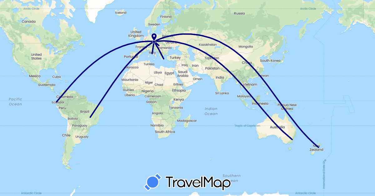 TravelMap itinerary: driving in Australia, Brazil, Czech Republic, Germany, Ecuador, Spain, Greece, Hungary, Italy, New Zealand, Slovakia (Europe, Oceania, South America)